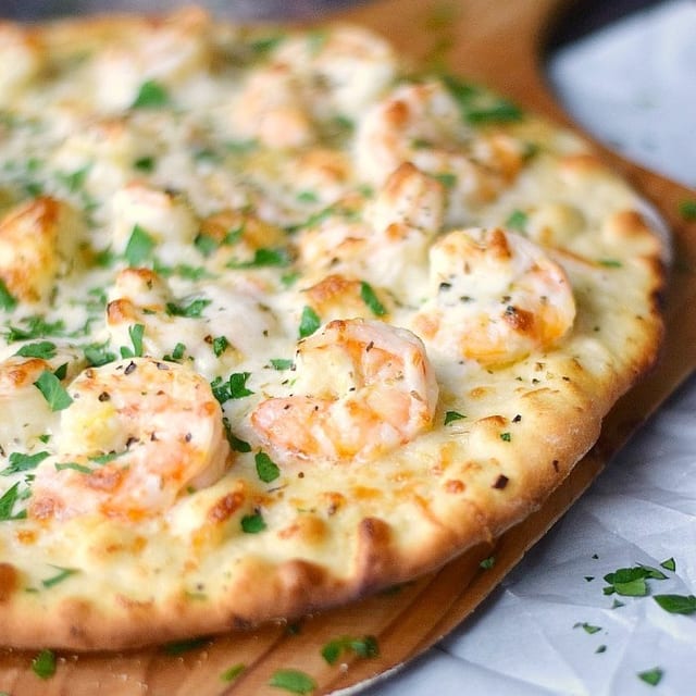 Shrimp Alfredo Pizza.